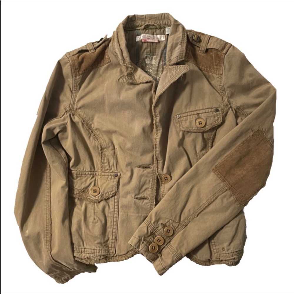 Triple Five Soul Vintage Tan Distressed jacket with Velour Sleeves